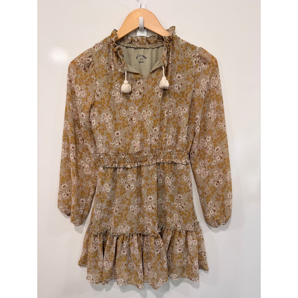 Art Class Girls Large 10/12 Floral Long Sleeve Ruffle Tiered Dress Boho Olive
